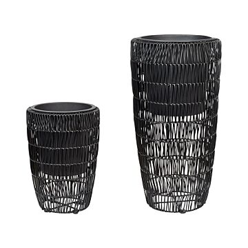 Set Of 2 Plant Pots Black Pe Rattan Round Indoor Outdoor With Plastic Insert Beliani