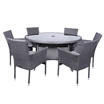 Malaga 6 Seater Stacking Dining Set 
140cm Round Table With Black Glass Top, 6 Stacking Nest Base Chairs Including Cushions