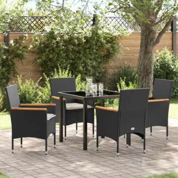 Vidaxl 5 Piece Garden Dining Set With Cushions In Black Poly Rattan, Vidaxl Garden Table In Black 80x80x73 Cm With Tempered Glass