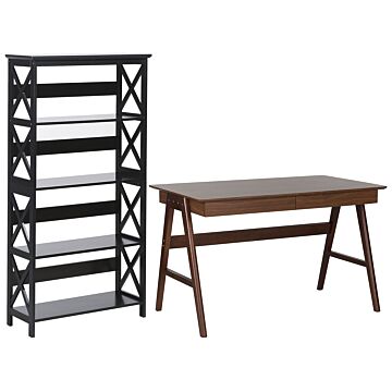 Home Office Set Desk Bookcase Dark Wood And Black Mdf Steel Legs Shelves Drawers Modern Living Room Study Beliani