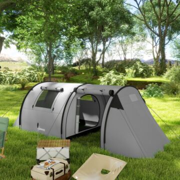 Outsunny Four Man Duo Room Tunnel Tent, With Accessories - Grey