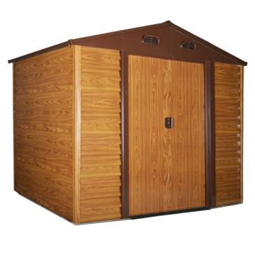 Outsunny 9 X 6.5 Ft Metal Garden Storage Shed Apex Store For Gardening Tool With Foundation And Ventilation, Brown With Wood Grain