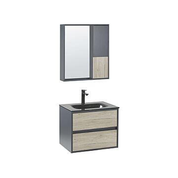 4 Piece Bathroom Furniture Set Grey Mdf 60 Cm Cabinet Ceramic Basin Hanging Cabinet With Mirror Beliani