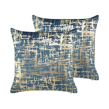Set Of 2 Decorative Cushions Polyester Blue And Gold Crackle Effect 45 X 45 Cm Foil Print Pattern Beliani