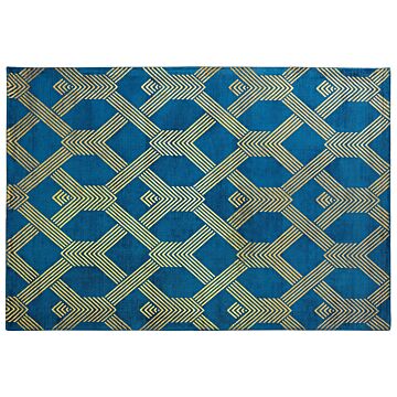 Rug Blue With Gold Geometric Pattern Viscose With Cotton 160 X 230 Cm Style Modern Glam Beliani