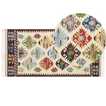 Kilim Area Rug Multicolour Wool 80 X 150 Cm Hand Woven Flat Weave Oriental Pattern With Tassels Traditional Living Room Bedroom Beliani
