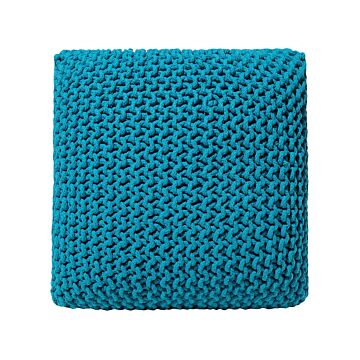 Pouf Ottoman Blue Knitted Cotton Eps Beads Filling Square Small Footstool 50 X 50 Cm Beliani