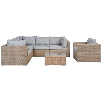 Garden Lounge Set Brown Pe Rattan Right Hand Corner Sofa Armchair Coffee Table Grey Cushions Beliani