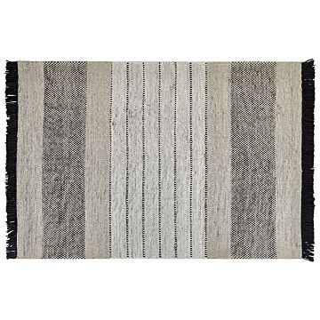 Rug Beige And Black Wool Cotton 140 X 200 Cm Hand Woven Flat Weave With Tassels Beliani