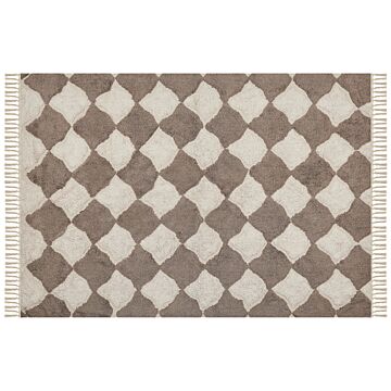 Area Rug Brown And Beige Cotton 160 X 230 Cm Rectangular With Tassels Geometric Pattern Boho Oriental Style Beliani