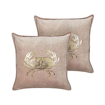 Set Of 2 Scatter Cushions Taupe Velvet 45 X 45 Cm Marine Crab Motif Square Polyester Filling Home Accessories Beliani