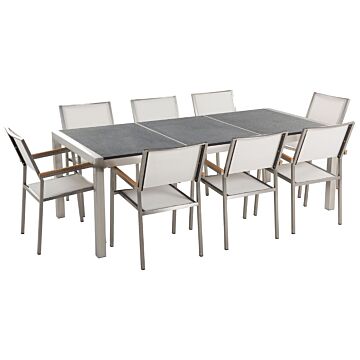 Garden Dining Set White With Flamed Granite Table Top 8 Seats 220 X 100 Cm Beliani