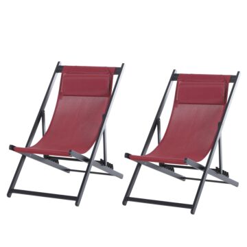 Outsunny Set Of 2 Folding Garden Beach Deck Chairs Deckchairs Seaside Folding Garden Patio Lounger, Red
