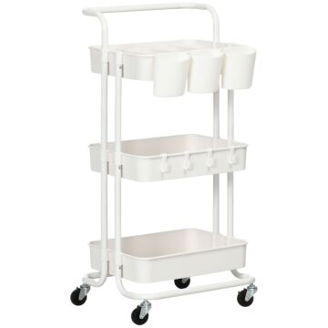 Homcom Three-tier Home Trolley, With Handle And Wheels - White