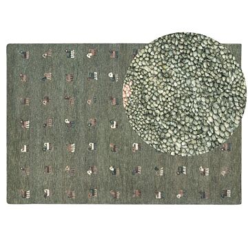 Area Rug Green Wool 160 X 230 Cm Animal Pattern Hand Tufted Living Room Bedroom Traditional Boho Beliani