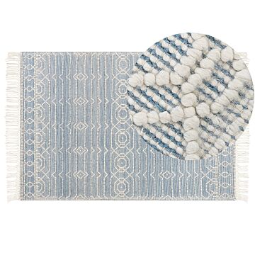 Area Rug Blue Wool Cotton 160 X 230 Cm Hand Woven Flat Weave With Tassels Geometric Pattern Beliani