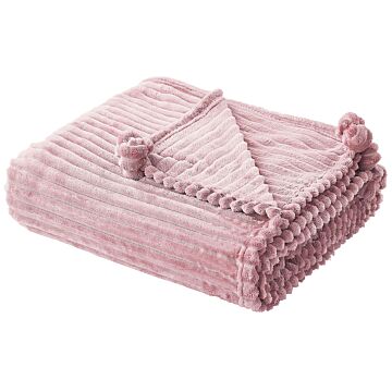 Blanket Pink Polyester 150 X 200 Cm Ribbed Structure With Pom-poms Throw Bedding Beliani
