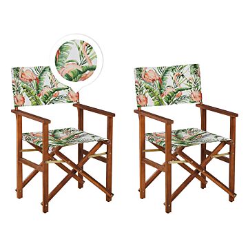 Set Of 2 Garden Director's Chairs Dark Wood With Off-white Acacia Flamingo Pattern Replacement Fabric Folding Beliani