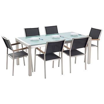 Garden Dining Set Black With Cracked Glass Table Top 6 Seats 180 X 90 Cm Triple Plate Beliani