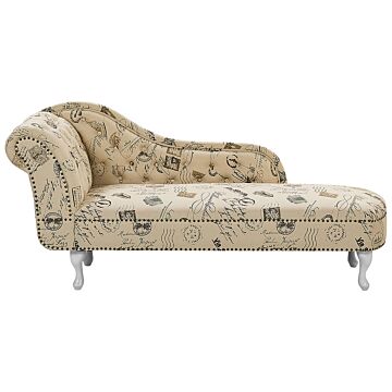 Chaise Lounge Beige Left Hand Polyester Fabric Buttoned Nailheads Stamp Print Beliani
