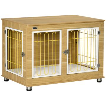Pawhut Dog Crate Furniture, Dog Cage End Table. With Soft Cushion, Double Door - Oak Tone