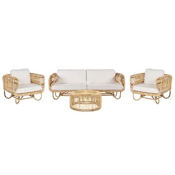 Sofa Set Beige Natural Rattan 3-seater And Armchairs With Coffee Table Wicker Boho Design Beliani