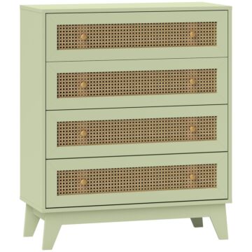 Homcom Chest Of Drawers, 4-drawer Storage Organiser Unit With Rattan Element For Bedroom, Living Room, Light Green