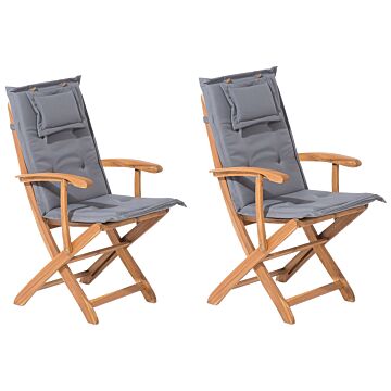 Set Of 2 Garden Dining Chairs Light Wood With Grey Cushion Acacia Wood Frame Folding Rustic Design Beliani