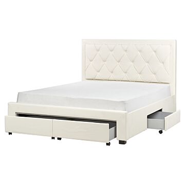 Storage Bed Cream Velvet Upholstery Eu King Size 5ft3 Tufted Tall Headboard Drawers Glam Design Beliani