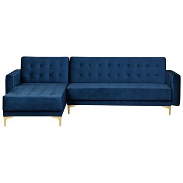 Corner Sofa Bed Navy Blue Velvet Tufted Fabric Modern L-shaped Modular 4 Seater Right Hand Chaise Longue Beliani