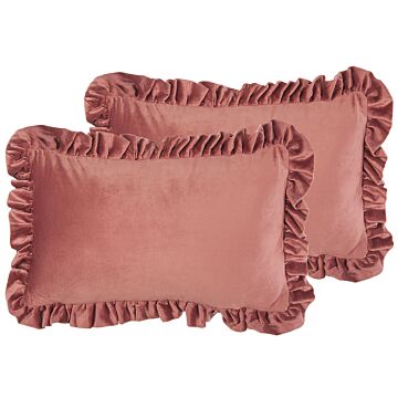 Set Of 2 Scatter Cushions Pink Velvet 30 X 50 Cm With Ruffles Chair Cushion Glam Retro Beliani