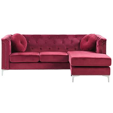 Corner Sofa Burgundy Velvet Upholstered 3 Seater Left Hand L-shaped Glamour Additional Pillows With Tufting And Nailhead Trims Beliani