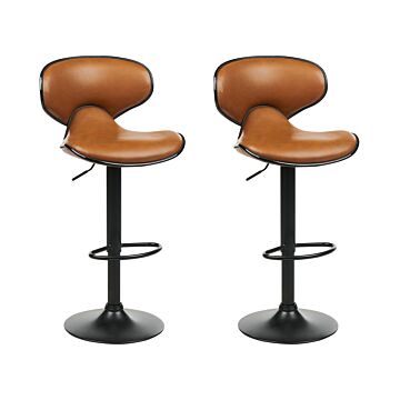 Set Of 2 Bar Chairs Golden Brown Faux Leather Upholstery Footstool Swivel Gas Lift Adjustable Height Glamour Beliani