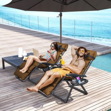 Outsunny Set Of Two Reclining Sun Loungers, With Cushion - Brown