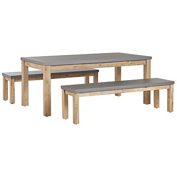 Outdoor Dining Set Grey Fibre Cement Light Acacia Wood 6 Seater Table 2 Benches Modern Industrial Design Beliani