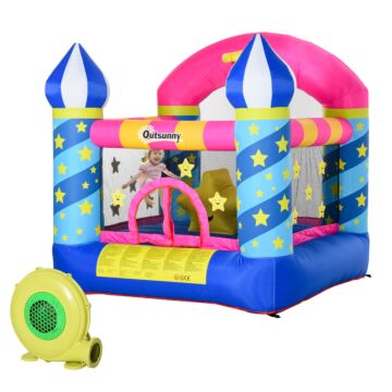 Outsunny Kids Bounce Castle House Inflatable Trampoline Basket With Inflator For Age 3-12 Castle Stars Design 2.25 X 2.2 X 2.15m