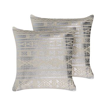 Set Of 2 Decorative Cushions Silver Cotton 50 X 50 Cm Geometric Pattern Foil Print Glamour Decor Accessories Beliani