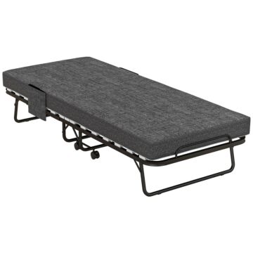 Homcom Folding Bed With Mattress, Foldable Guest Bed On Wheels, Portable Single Bed With 10cm Mattress, Side Pockets, Cover, 190 X 80cm, Dark Grey