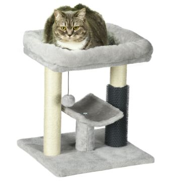 Pawhut 48cm Cat Tree, Cat Tower With Cat Self Groomer Cat Scratching Post With Hanging Ball, Self Groomer And Perches, Grey