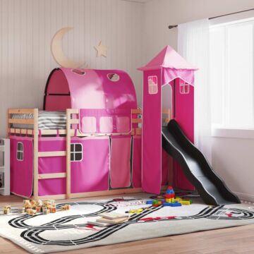 Vidaxl Bunk Bed Without Mattress With Slide And Curtains Pink 90x190 Cm Single