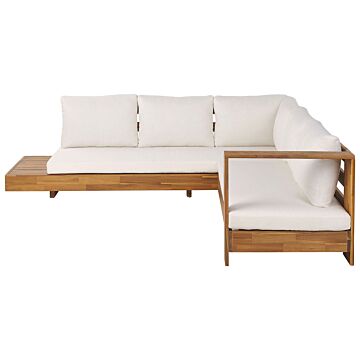Outdoor Lounge Set Light Acacia Wood With White Cushions Left Hand Lounge Set With Side Table Beliani