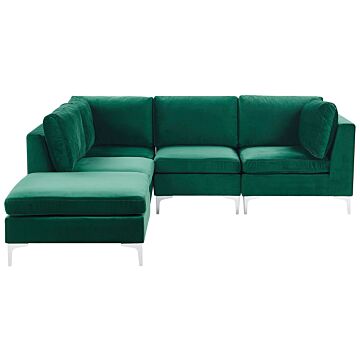 Right Hand Modular Corner Sofa Green Velvet 4 Seater With Ottoman L-shaped Silver Metal Legs Glamour Style Beliani