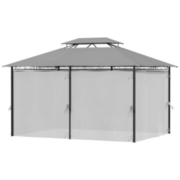 Outsunny 4m X 3(m) Metal Gazebo Canopy Party Tent Garden Pavillion Patio Shelter Pavilion With Curtains Sidewalls, Dark Grey