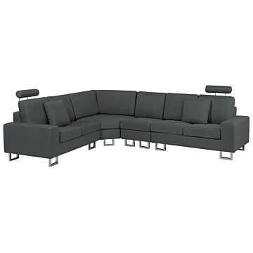 Corner Sofa Dark Grey Fabric Upholstery Right Hand Orientation With Adjustable Headrests Beliani