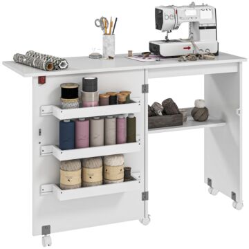 Homcom Folding Sewing Table, Drop Leaf Craft Table With Storage Bins, Open Shelf And Wheels, Rolling Sewing Machine Cabinet Computer Desk For Small Space, White