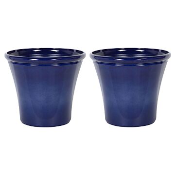 Set Of 2 Plant Pots Planters ⌀50 Solid Navy Blue Fibre Clay High Gloss Outdoor Resistances All-weather Beliani