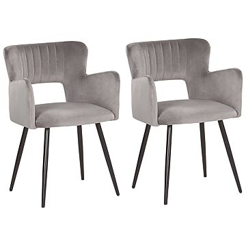 Set Of 2 Chairs Dining Chair Grey Velvet With Armrests Cut-out Backrest Black Metal Legs Beliani