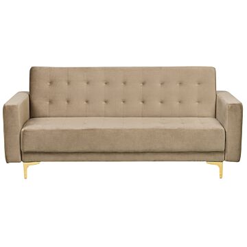 Sofa Bed Beige Velvet Tufted Fabric Modern Living Room Modular 3 Seater Gold Legs Track Arm Beliani