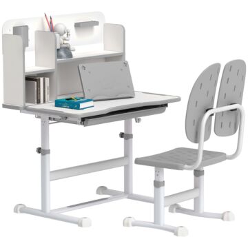 Aiyaplay Height Adjustable Kids Desk And Chair Set, Children School Study Desk With Tiltable Desktop, Reading Rack, Grey