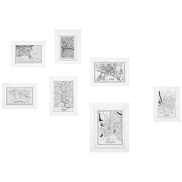 Set Of 7 Framed Maps White Various Sizes Retro Hooks Gallery Living Room Wall Mounted Beliani